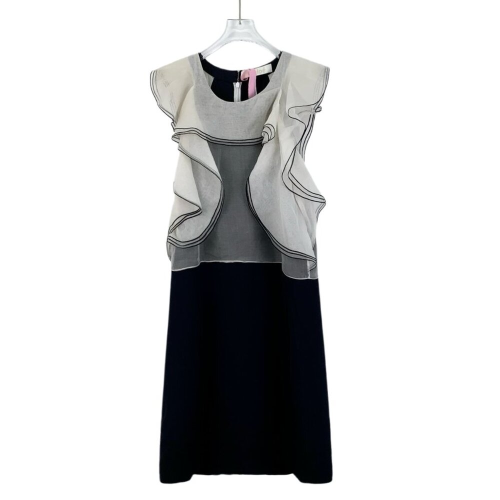 Chloé Multi-Layer Silk Ruffled Sleeve Dress 36 XS Round Neck Black & White